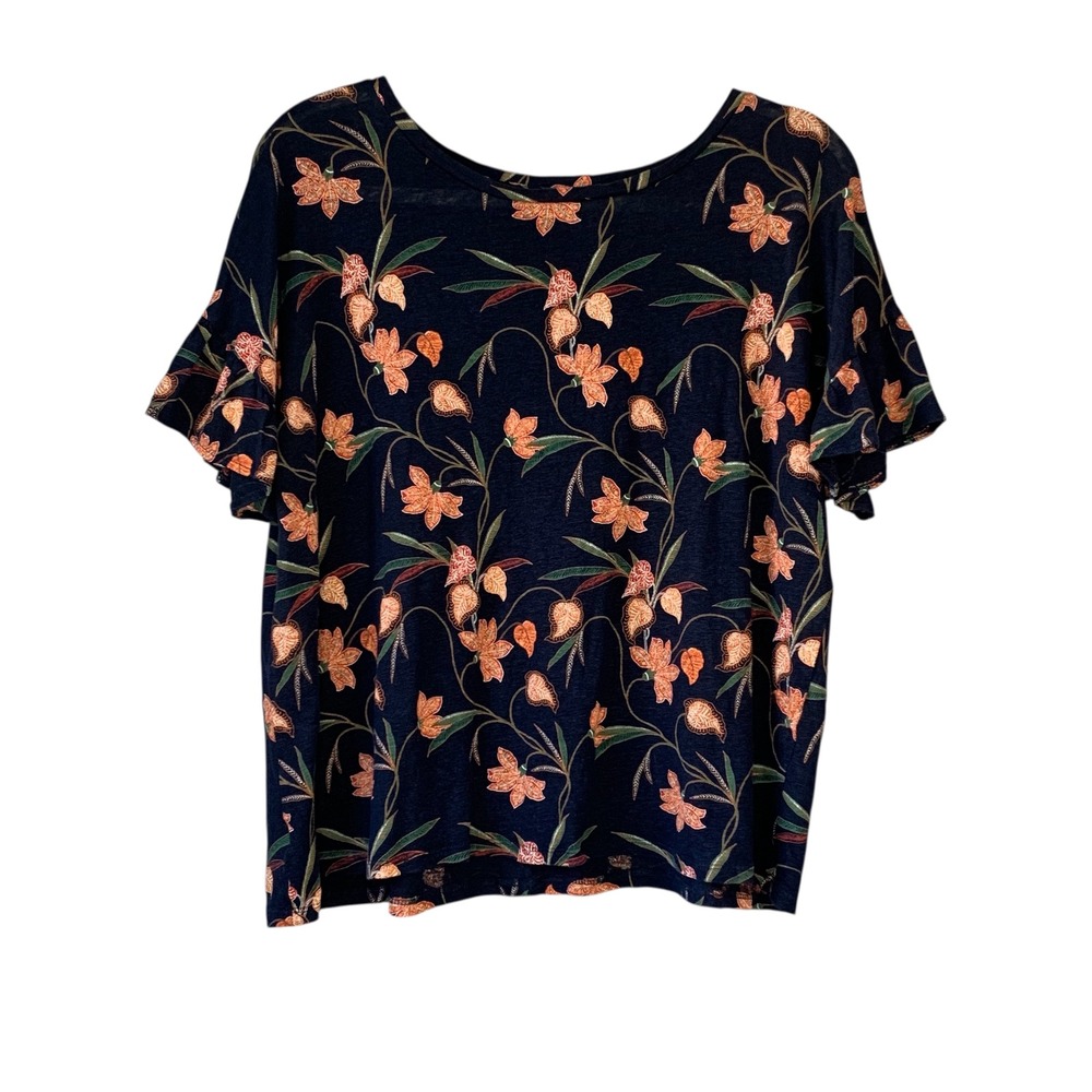 LOFT Blue Navy Linen Floral Print Ruffle Sleeve Top Women's Size L